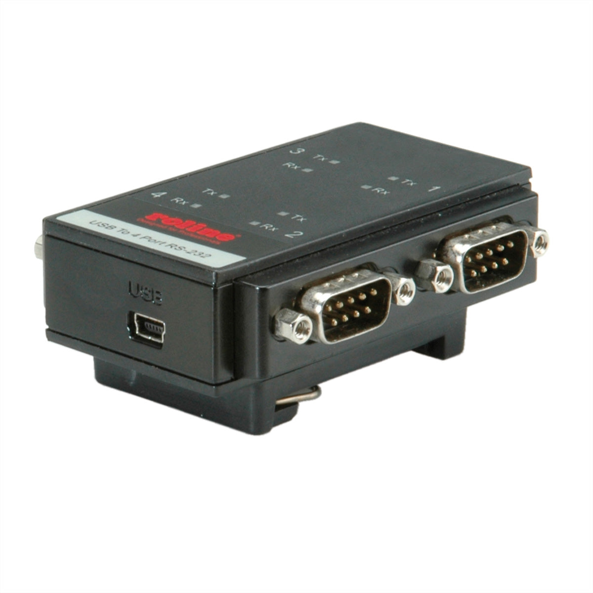 ROLINE USB-Seriell Konverter USB-A zu RS232 – 4× DB9, 115 Kbit/s, USB 2.0, DIN-Hutschiene – für Windows