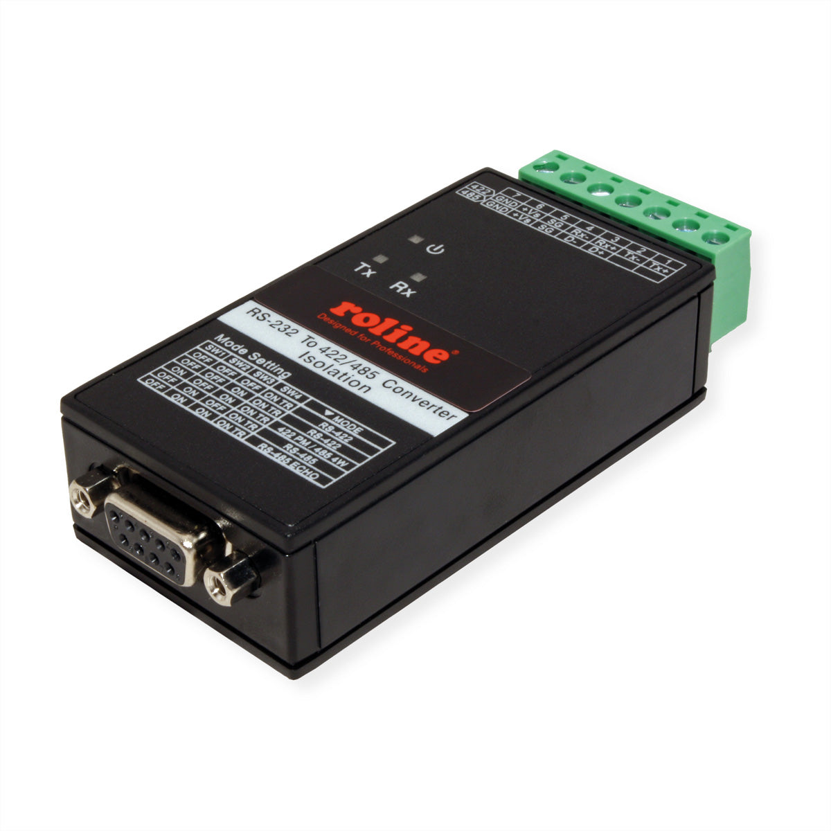 ROLINE RS422/485 zu RS232 Konverter – 115 Kbit/s, DB9 zu Klemmenblock, DIN-Hutschiene, isoliert 3000 VDC