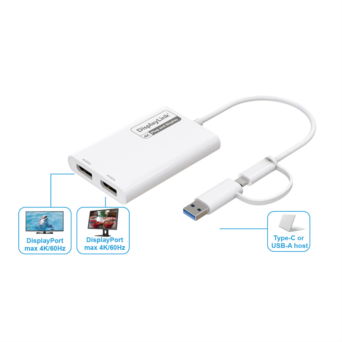 ROLINE Multi-Monitor-Adapter USB-A/USB-C zu DisplayPort – 4K (3840 × 2160) @ 60 Hz, 2× DP, USB 3.2 Gen 1