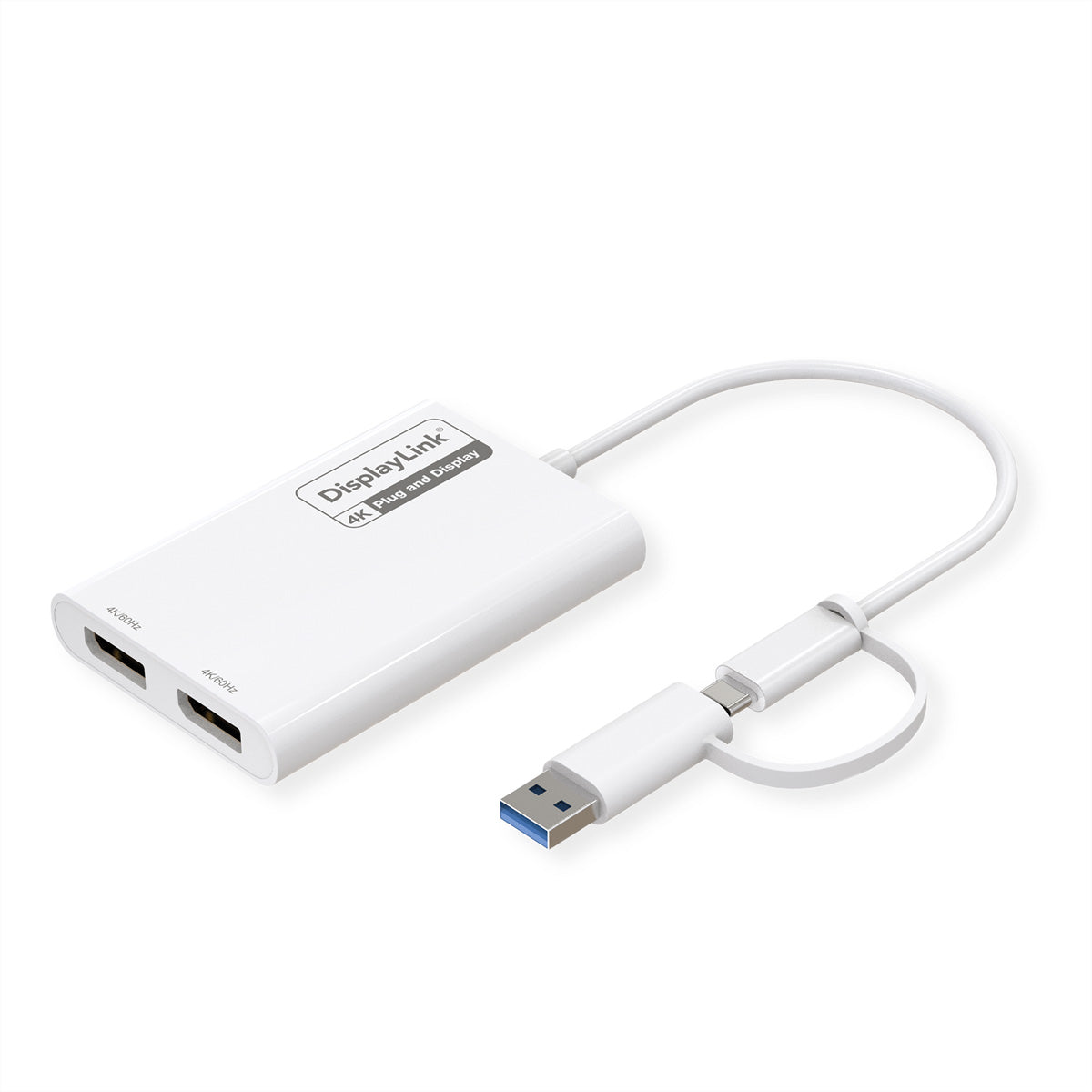 ROLINE Multi-Monitor-Adapter USB-A/USB-C zu DisplayPort – 4K (3840 × 2160) @ 60 Hz, 2× DP, USB 3.2 Gen 1