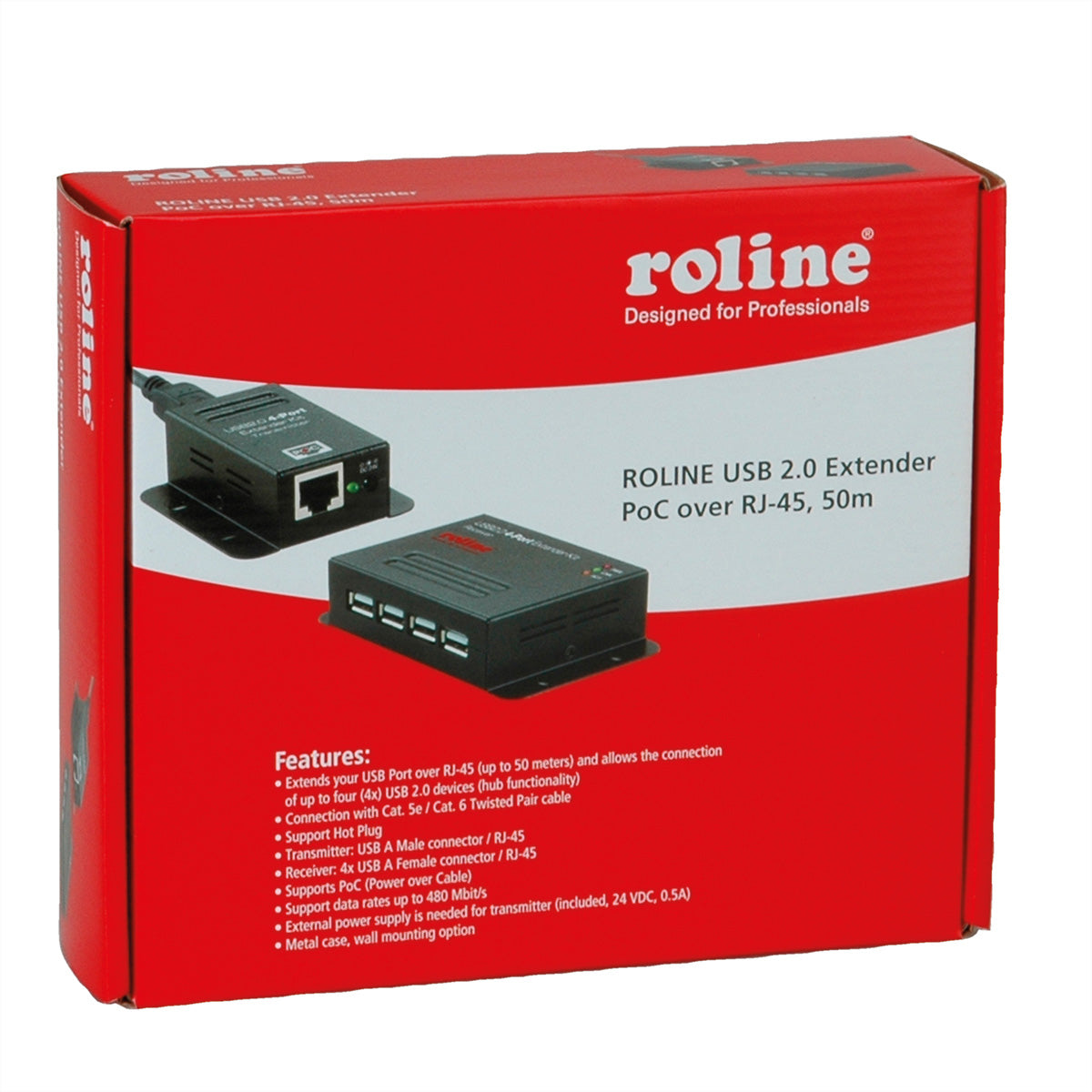 ROLINE USB-Verlängerung – USB zu USB über RJ-45, USB 2.0 (480 Mbit/s), 4× USB-A, bis 50 m – Schwarz