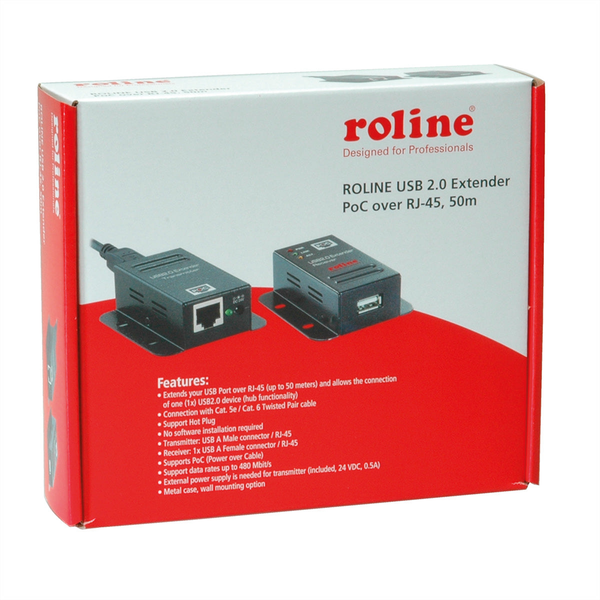 ROLINE USB-Verlängerung USB-B zu USB-A – 50 m, USB 2.0 Hi-Speed 480 Mbit/s, PoC – Schwarz