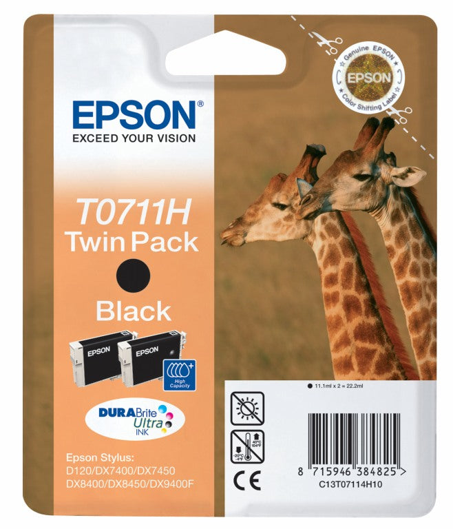 Epson Tintenpatronen-Multipack T0711H, Schwarz, 2er-Pack – für Tintenstrahldrucker und Multifunktionsgeräte