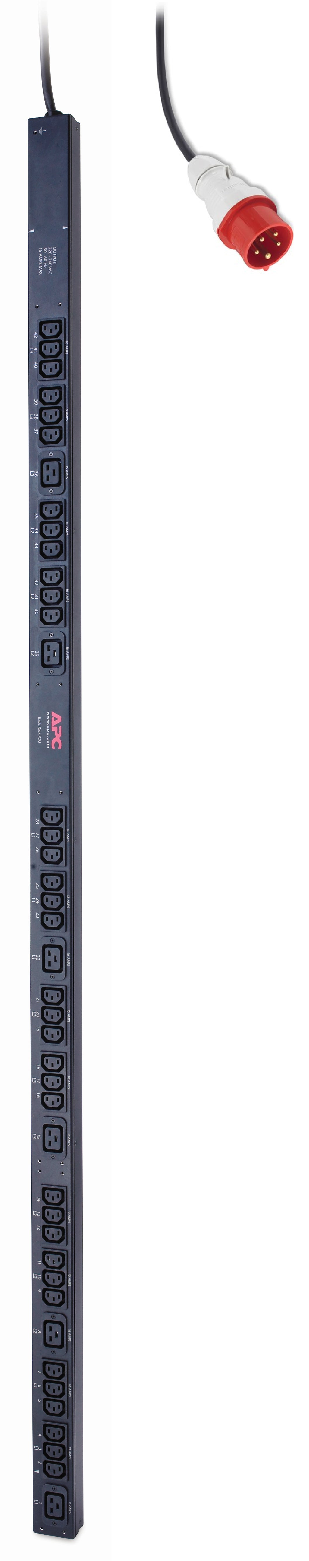 APC Rack-PDU Basic, 3-phasig, 36× IEC C13 + 6× IEC C19, 16 A, Stecker IEC 60309, 0U vertikal, 11,0 kW
