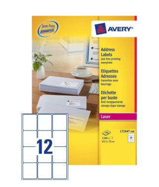 Avery L7164-100 – Etiketten A4 64 × 72 mm – Papier, weiss – permanent haftend – Laser – 12 pro Blatt, 100 Blätter