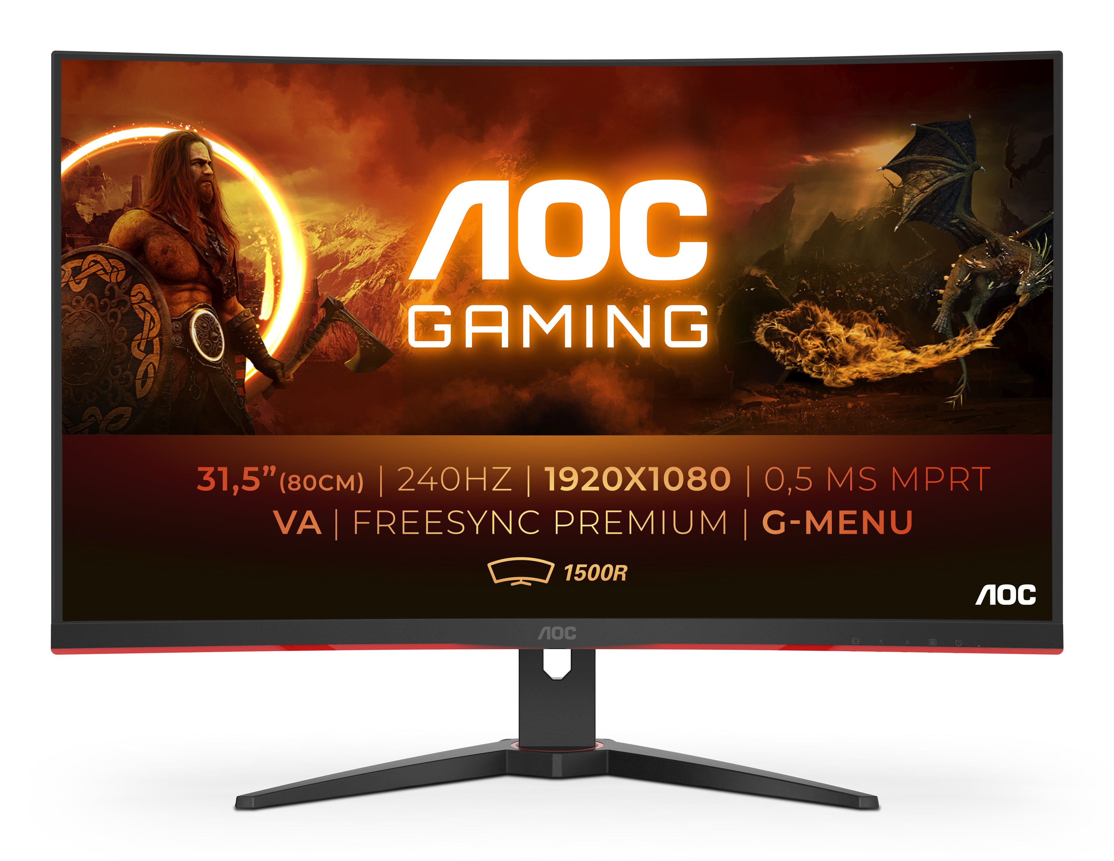 AOC C32G2ZE/BK – Monitor, 31,5", VA, 240 Hz, 300 cd/m², Gebogen, FreeSync, VESA 100 × 100, Rot