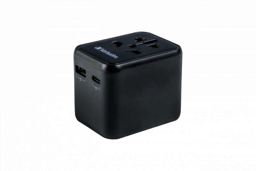 Verbatim Reiseadapter – 100–250 V, 2'500 W, 2x USB (PD20W) – von Typ A/B/C zu Typ E/F/G usw. – schwarz