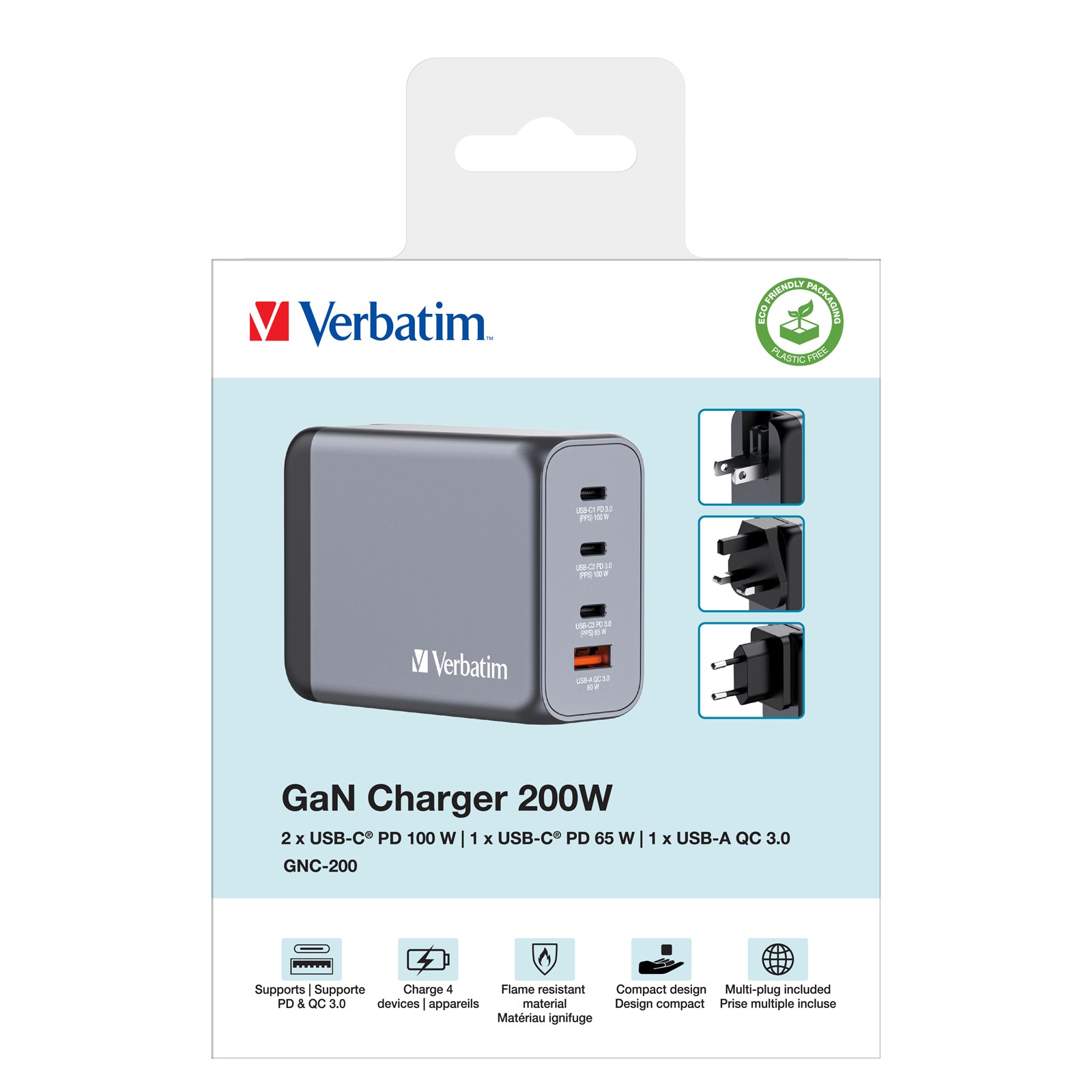 Verbatim GaN 4-Port USB-Ladegerät 200 W – USB-C×3, USB-A×1 – PD 3.0, PPS, QC 3.0, GaN – EU/UK/US-Adapter