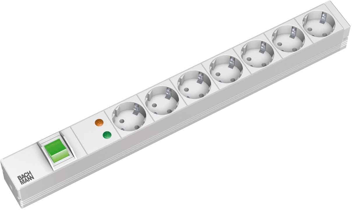 Bachmann 19" Steckdosenleiste, 7× Schuko (Typ F), mit Schalter, 2 m, mit Überspannungsschutz