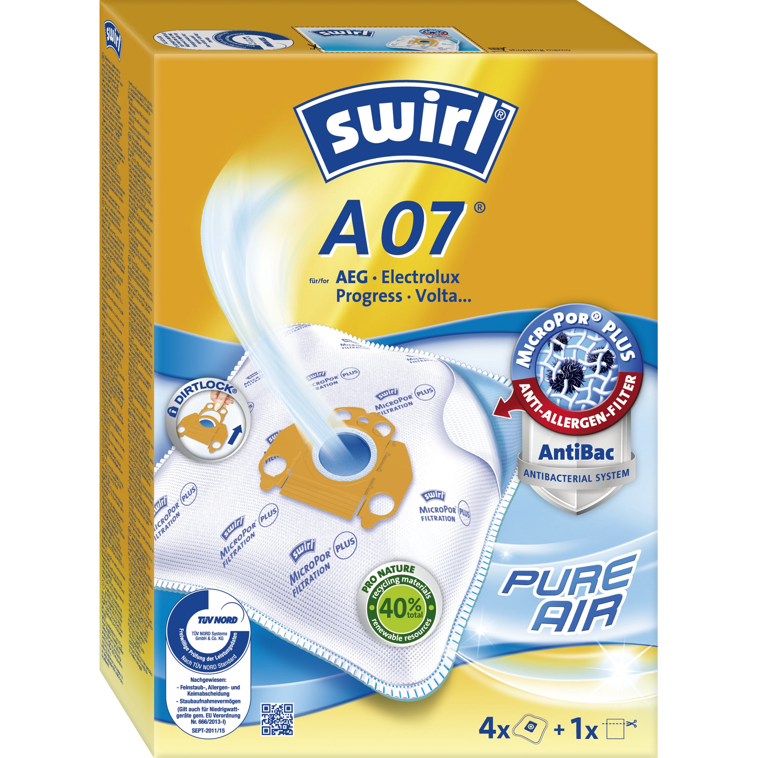 Swirl Staubbeutel A 07 – 4 Stück, für AEG, Electrolux und andere