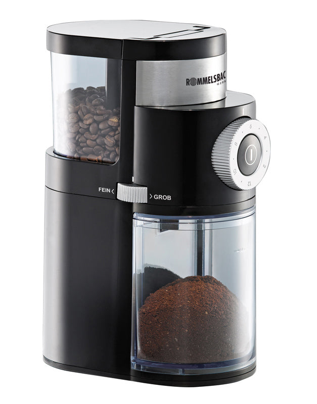 Rommelsbacher Kaffeemühle EKM 200 – Scheibenmahlwerk, 250 g, 110 W, Schwarz