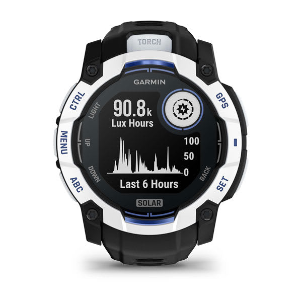 Garmin Instinct 3 50 mm GPS – faserverstärkter Kunststoff Weiss, Sportarmband, Dunkelblau, 100 m, für iPhone