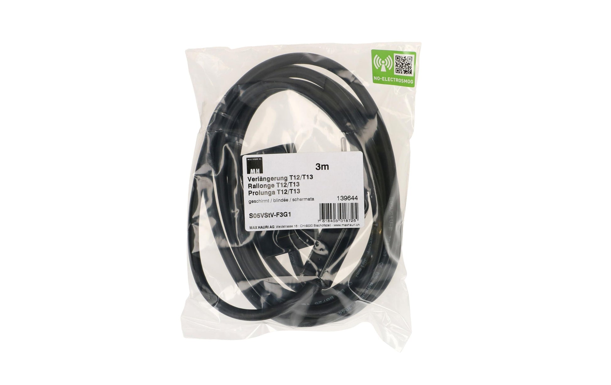 Max Hauri AG Max Hauri Verlängerungskabel – T12–T13, 3 m, 3×1 mm², S05VStV-F, schwarz