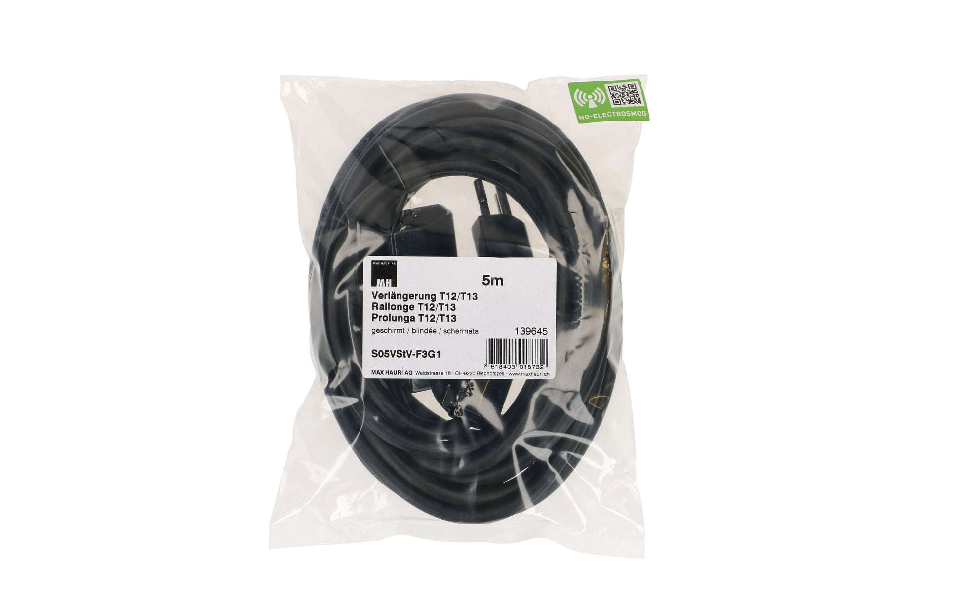 Max Hauri AG Max Hauri Verlängerungskabel – T12 (abgewinkelt) – T13 (gerade), 5 m, 3×1 mm², schwarz