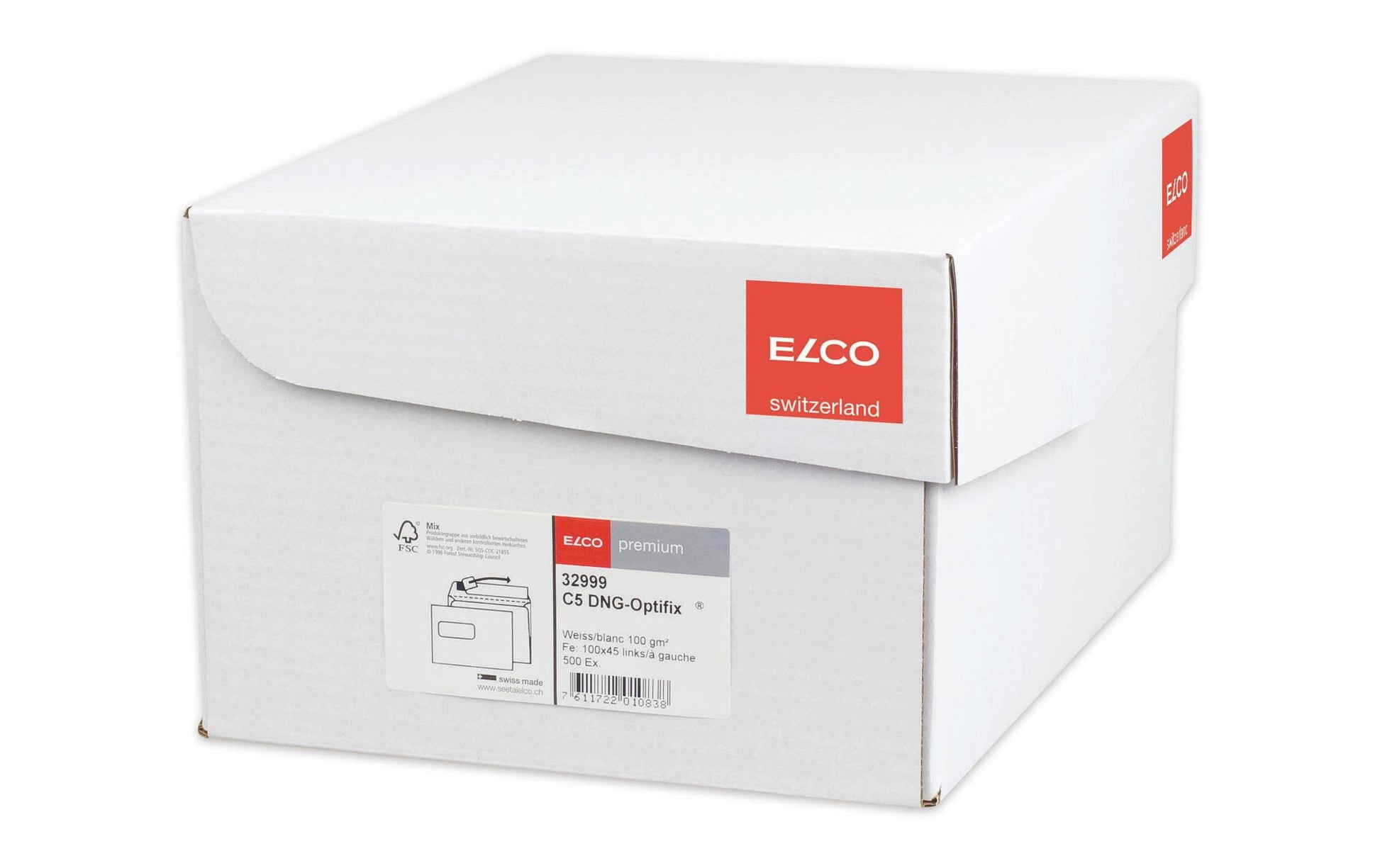 Elco Couvert C5, Fenster links, Haftklebung, hochweiss, 100 g/m² – 500 Stk.