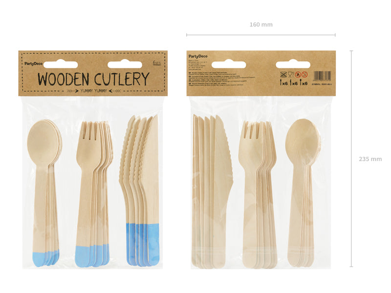 PartyDeco Besteck-Set 3-teilig, Holz (Birke) – 16 cm, Blau – 18 Stk.