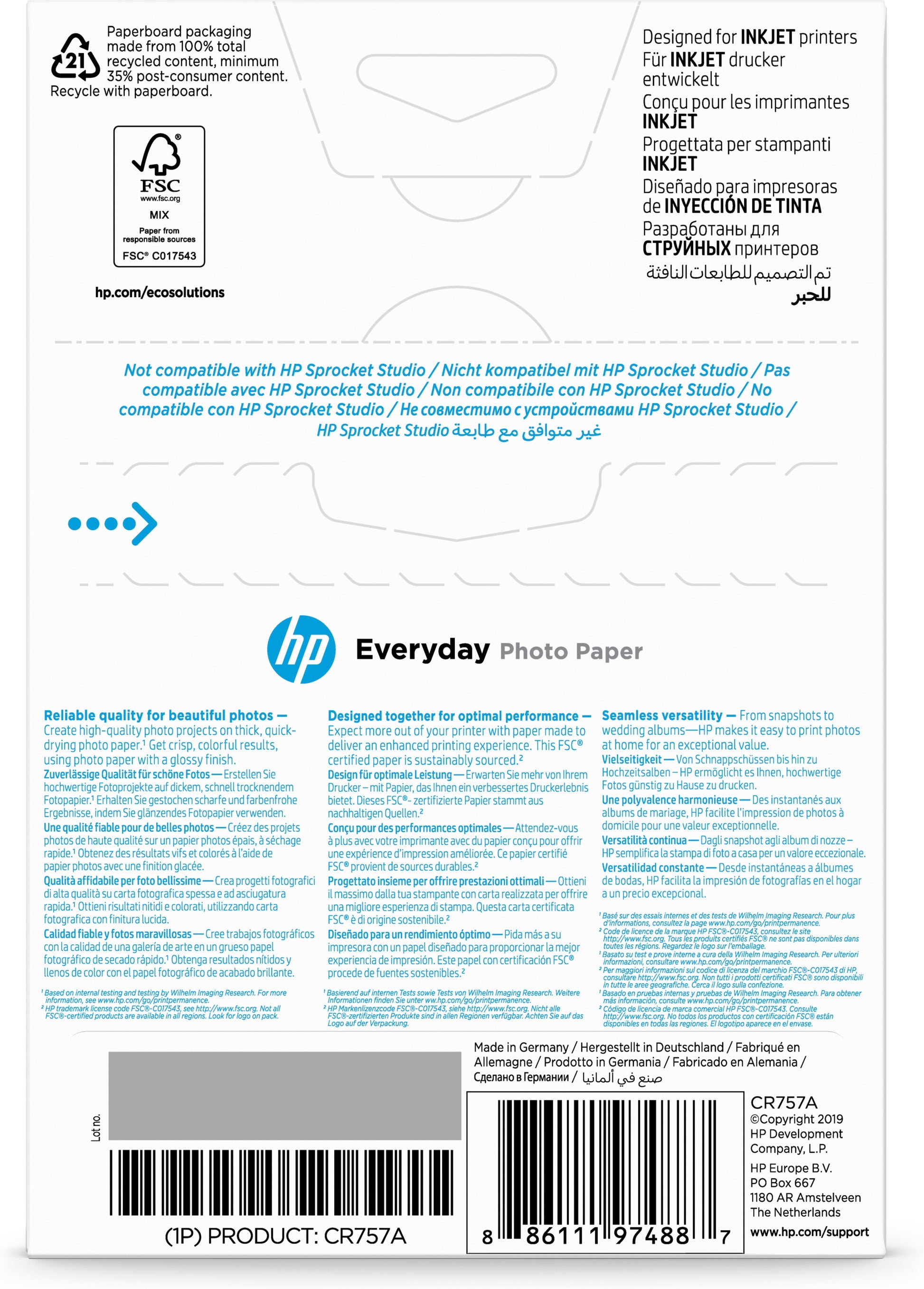 HP Fotopapier – glänzend, 100 × 150 mm, 200 g/m², 100 Blatt – für Inkjet-Drucker