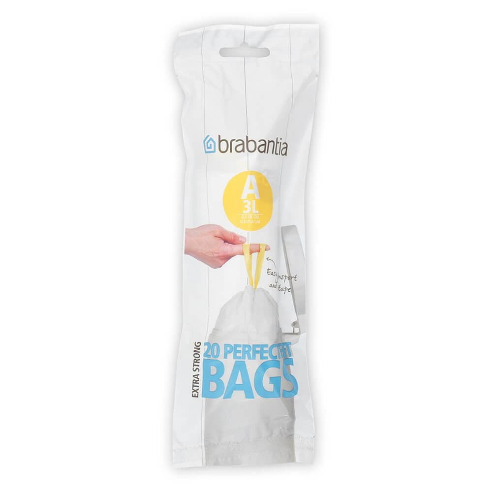 Brabantia Kehrichtsack für PerfectFit A – 3 l, mit Zugband, PE, weiss, 270 × 290 mm, 20 Stk