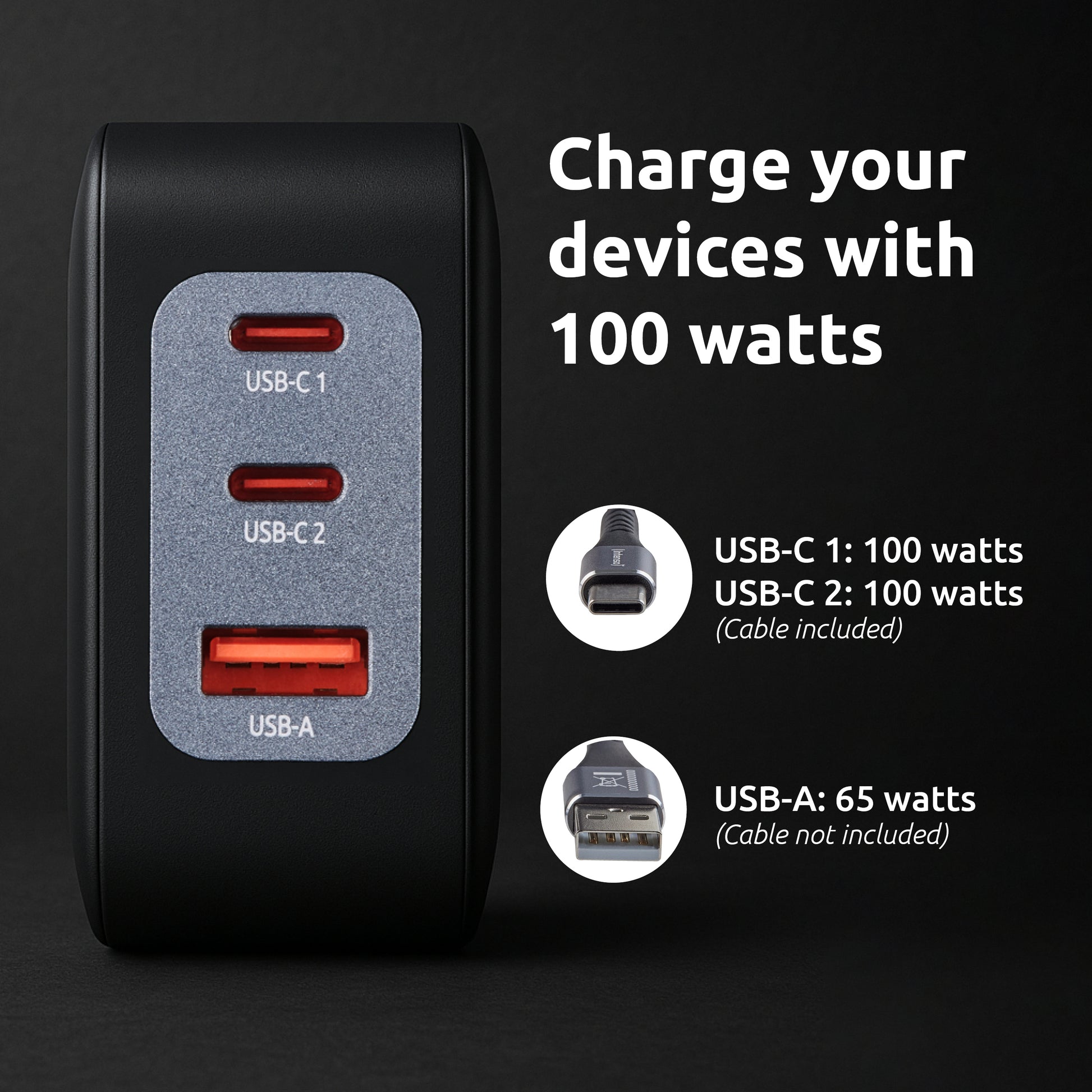 Intenso W100ACC USB-Ladegerät 100 W – USB-C×2, USB-A×1 – PD 3.0, PPS, QC 5, GaN – Schwarz