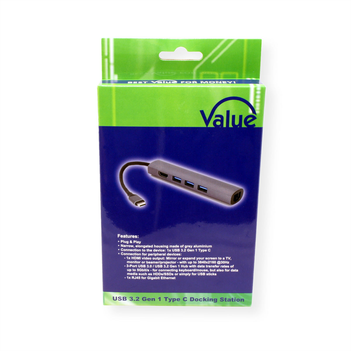 VALUE Dockingstation – USB-C, 1× HDMI, 3× USB-A, GbE, für MacBook/Notebook/Ultrabook