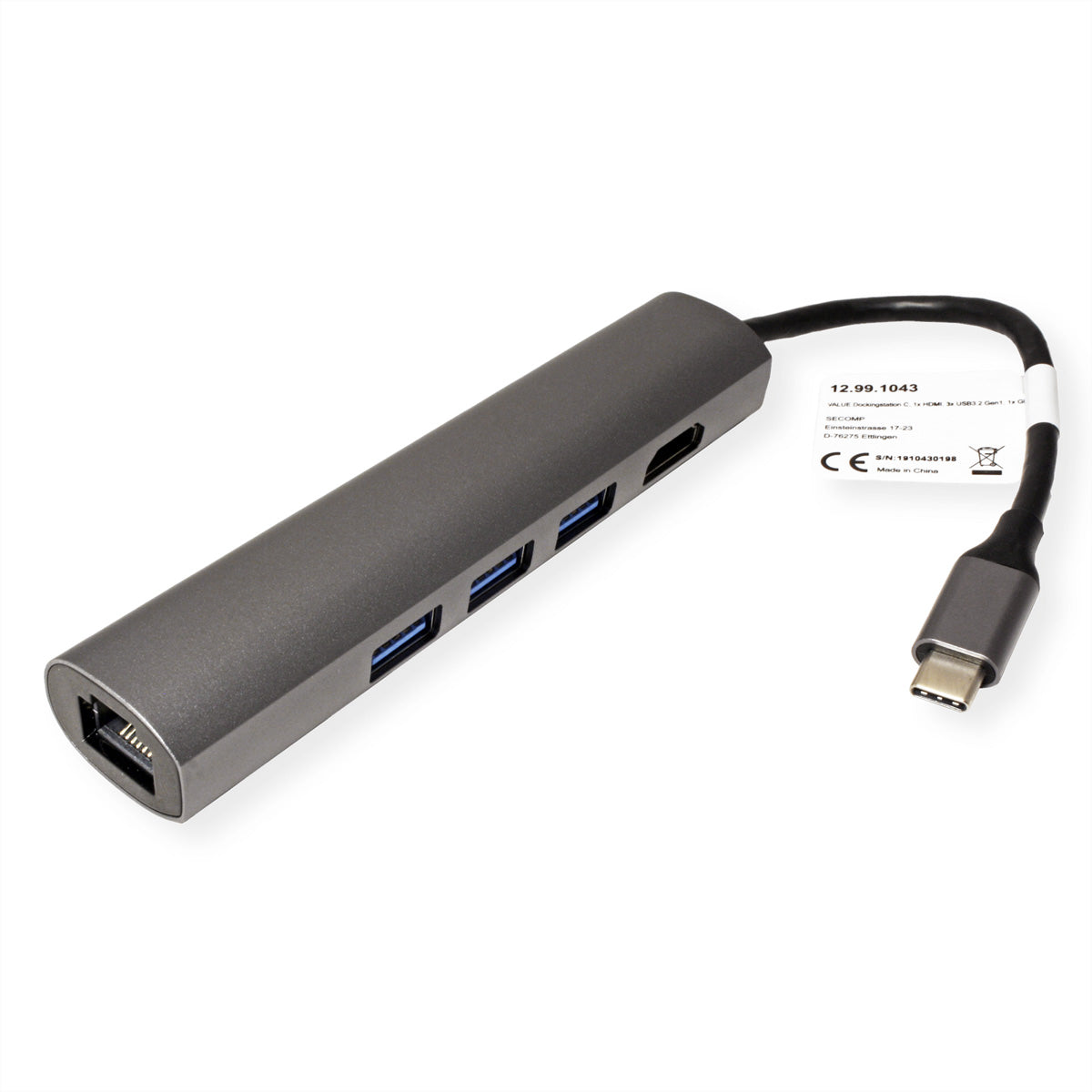 VALUE Dockingstation – USB-C, 1× HDMI, 3× USB-A, GbE, für MacBook/Notebook/Ultrabook
