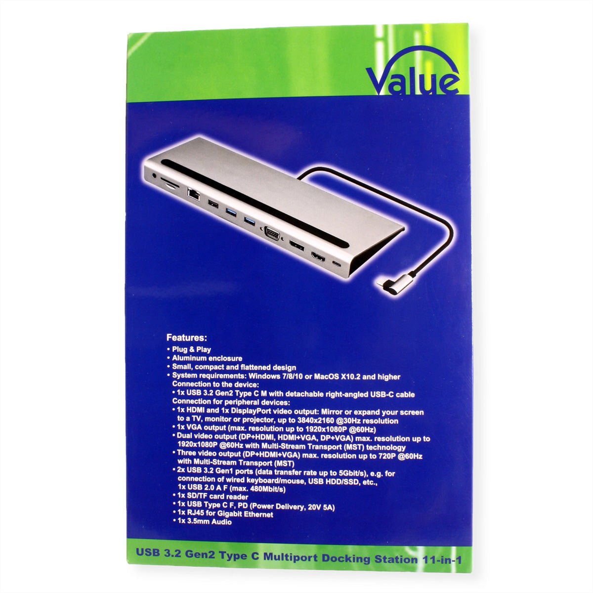 VALUE Dockingstation – USB-C, DP/HDMI/VGA, 3× USB-A, GbE, SD/microSD, 3,5 mm Audio, für Windows/Mac