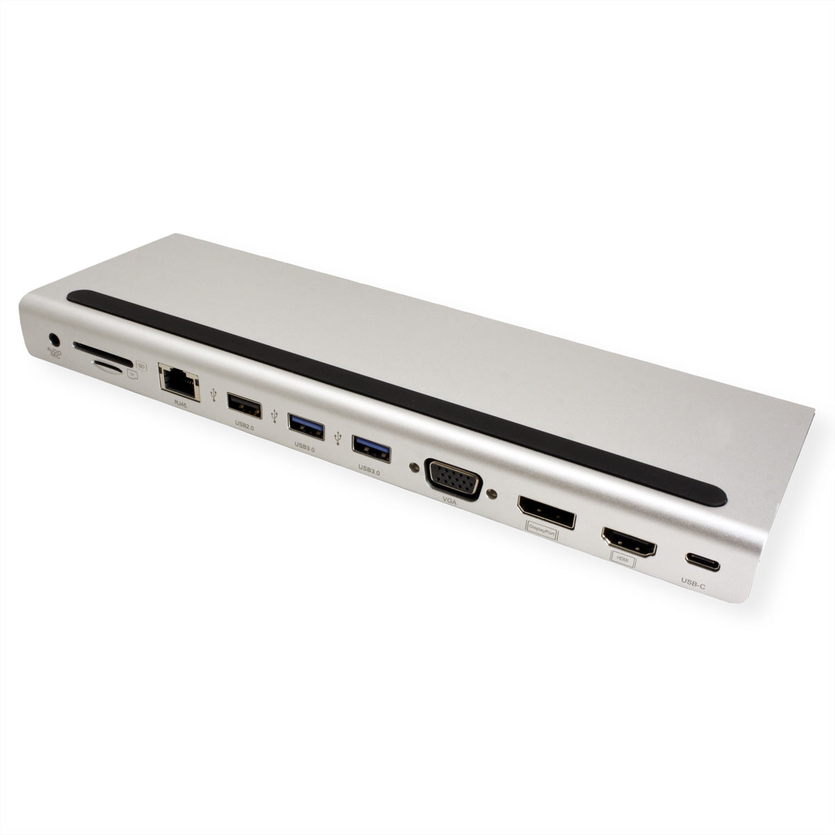 VALUE Dockingstation – USB-C, DP/HDMI/VGA, 3× USB-A, GbE, SD/microSD, 3,5 mm Audio, für Windows/Mac