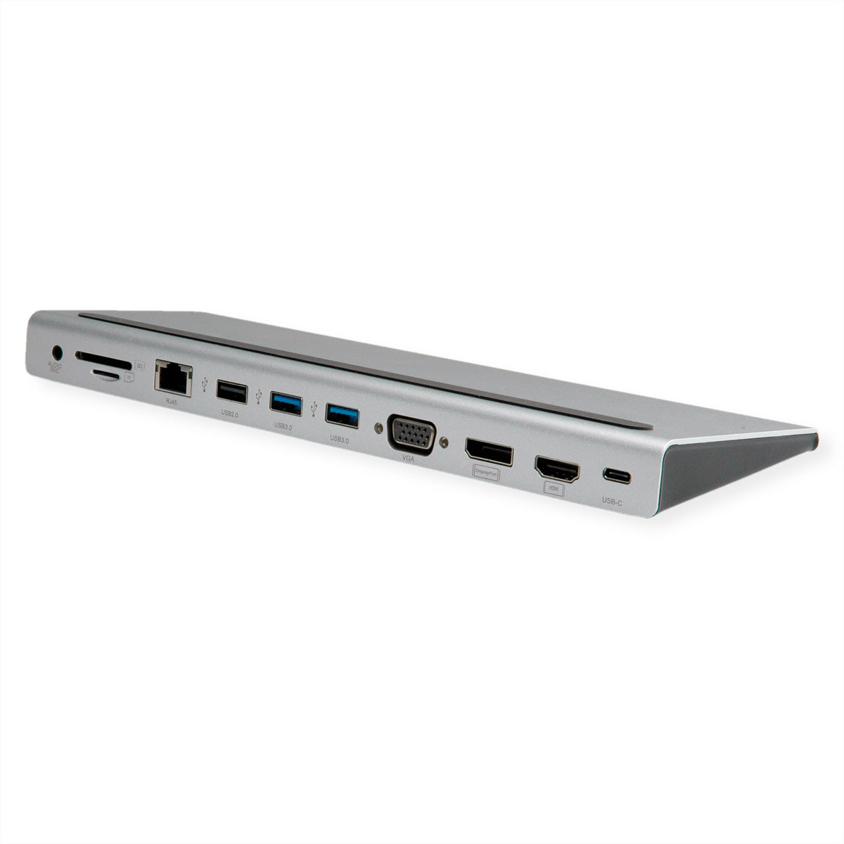 VALUE Dockingstation – USB-C, DP/HDMI/VGA, 3× USB-A, GbE, SD/microSD, 3,5 mm Audio, für Windows/Mac