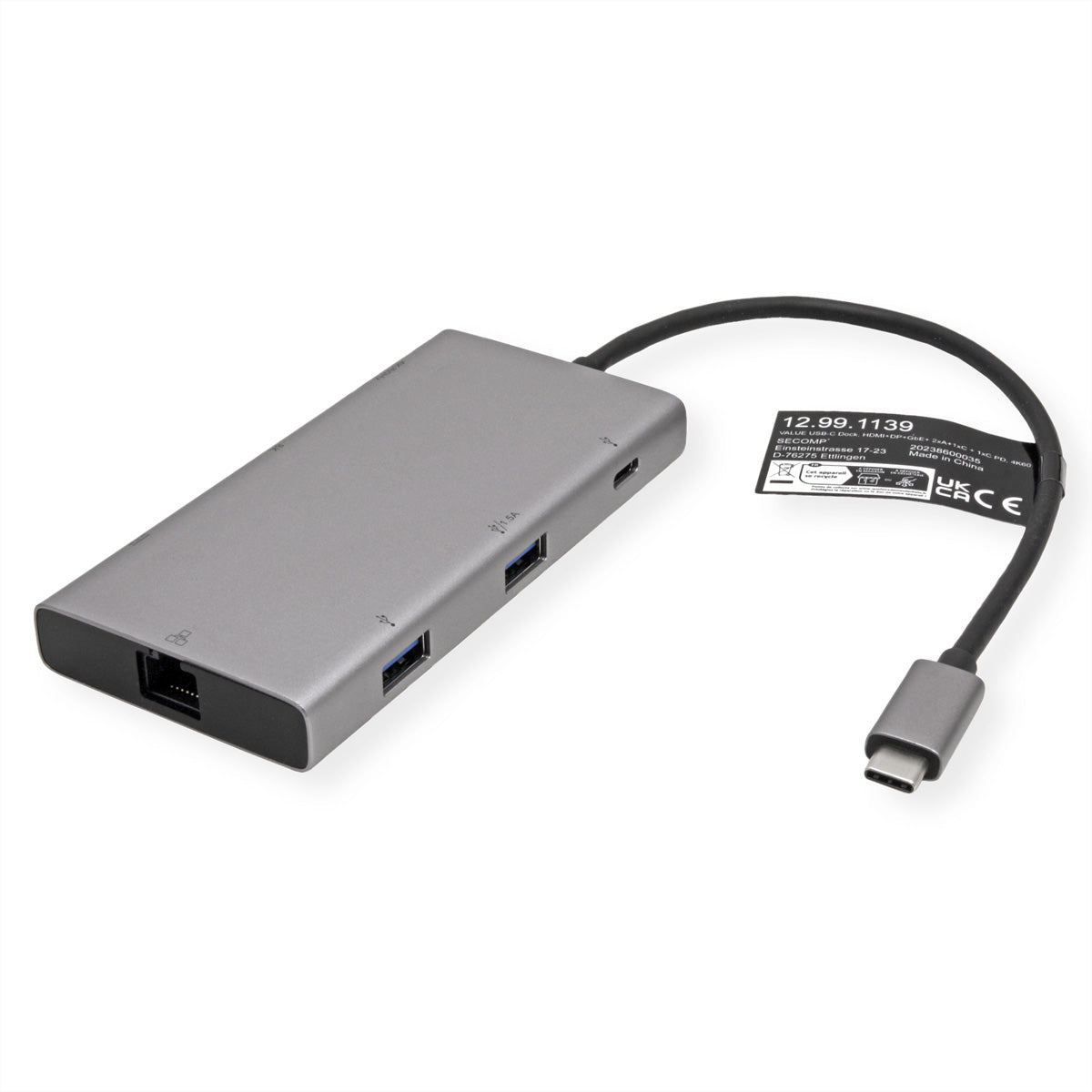 VALUE Dockingstation – USB-C, 1× DP, 1× HDMI, 2× USB-A, PD, RJ45, für MacBook/Notebook/PC
