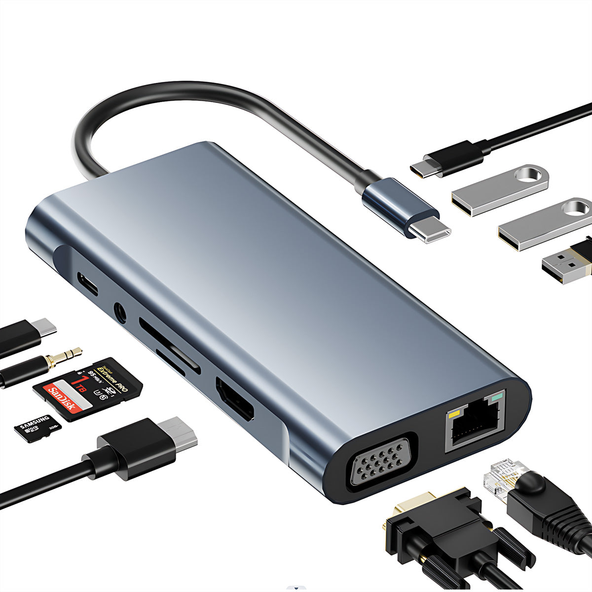VALUE Dockingstation – USB-C, HDMI, VGA, 3× USB-A, 100 W PD, GbE, SD/microSD, 3,5 mm Audio, für Mac/Windows