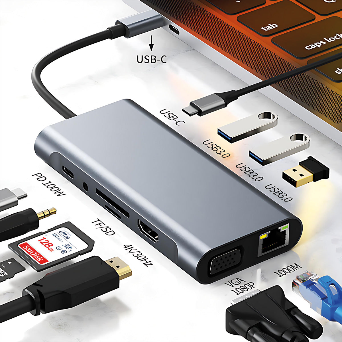 VALUE Dockingstation – USB-C, HDMI, VGA, 3× USB-A, 100 W PD, GbE, SD/microSD, 3,5 mm Audio, für Mac/Windows