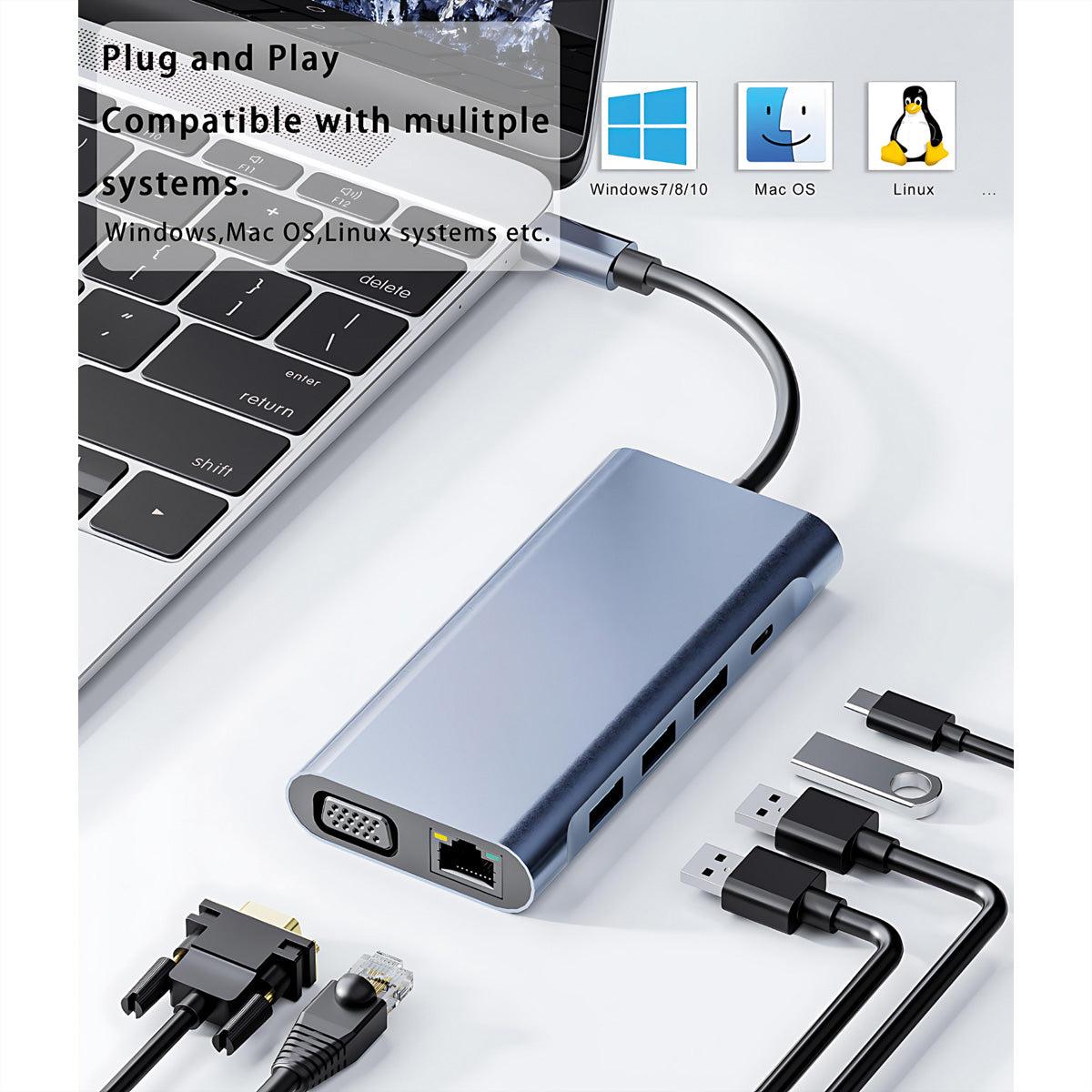 VALUE Dockingstation – USB-C, HDMI, VGA, 3× USB-A, 100 W PD, GbE, SD/microSD, 3,5 mm Audio, für Mac/Windows