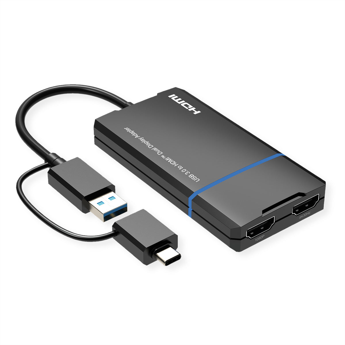 VALUE USB-A/USB-C Adapter zu 2× HDMI – 4K (3840 × 2160) @ 30 Hz + 1920 × 1080 @ 60 Hz, 0,15 m, USB 3.2 Gen 1