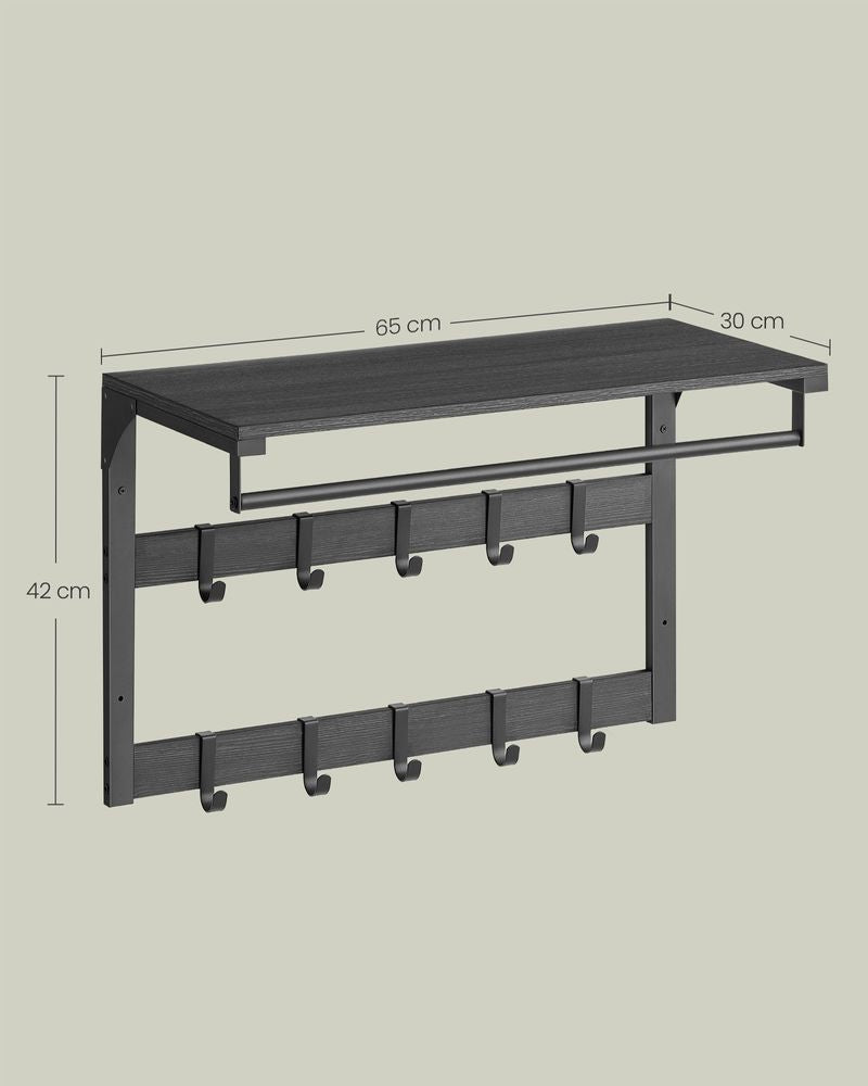 Vasagle Wandgarderobe – 10 Haken, mit Ablage, Stahl/Spanplatte, Schwarz, 65 × 30 × 42 cm