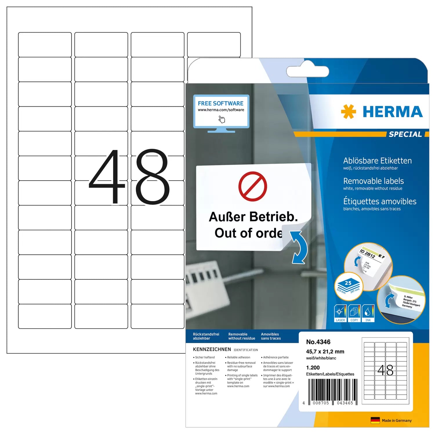 HERMA Etiketten, 46 mm × 21 mm, weiss, Papier, ablösbar, 25 Blatt (1'200 Etiketten)