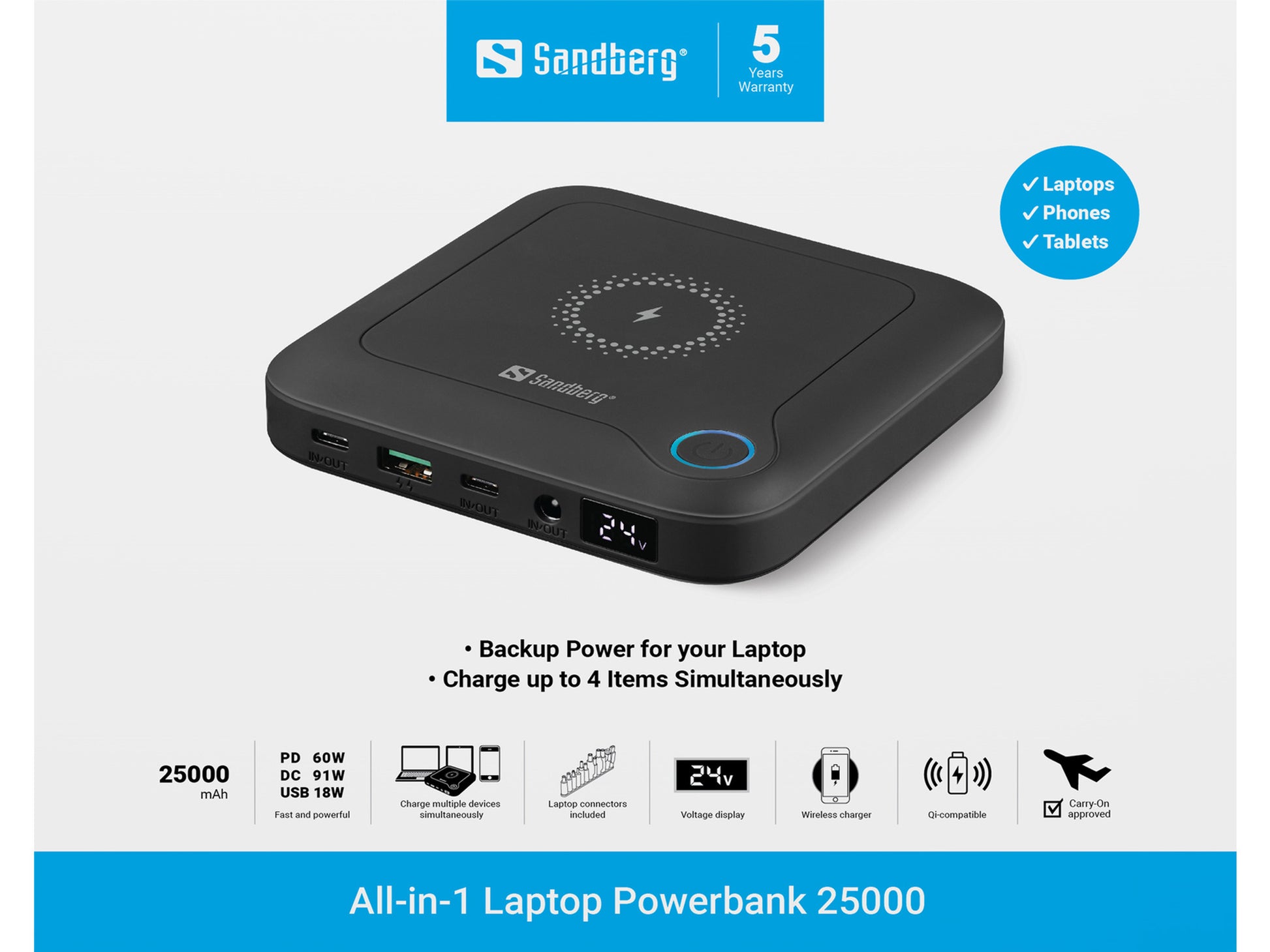 Sandberg Wireless Powerbank 25'000 mAh – 60 W PD, Wireless 15 W, 2× USB-C, 1× USB-A, schwarz