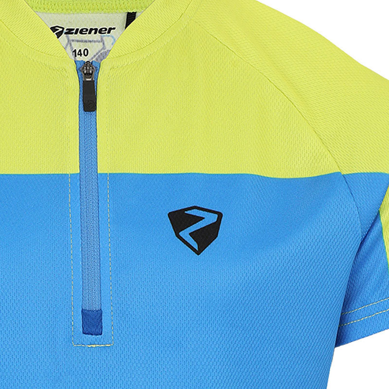 Ziener Velotrikot – Kurzarm, Reissverschluss, 3 Taschen – Grösse 152 (EU) – Limette/Blau – Polyester – 1 Stück