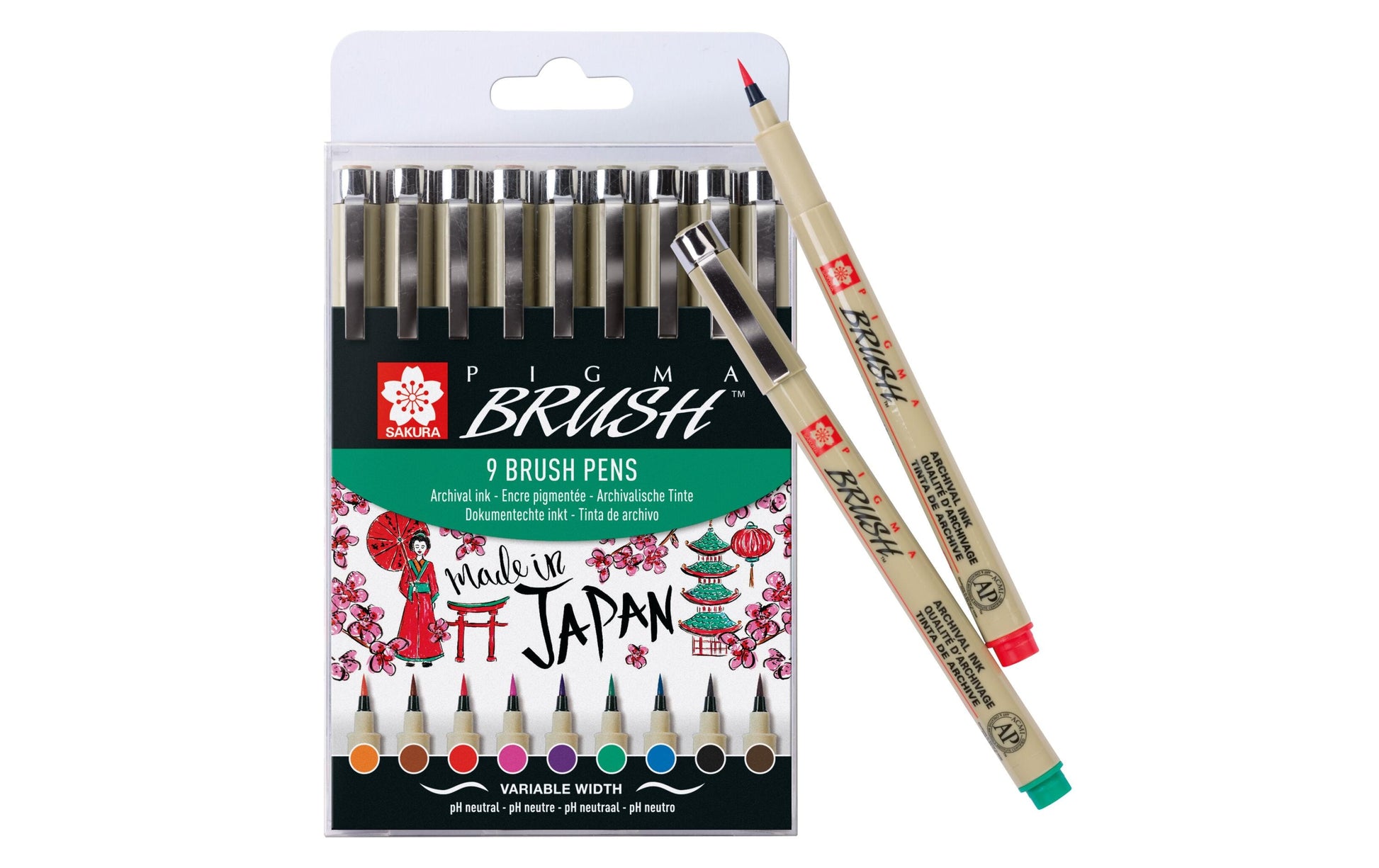 Sakura Pigma Pinselstift – Pinselspitze, 9 Farben