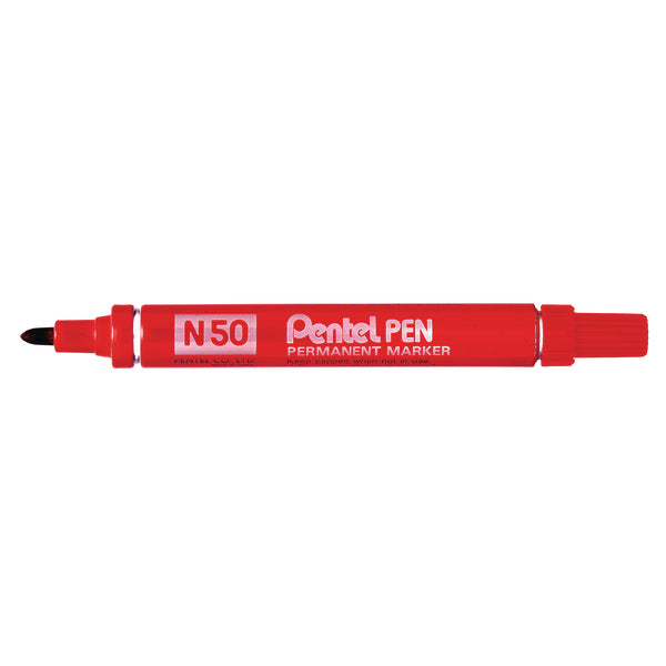 Pentel N50 Permanentmarker – Rundspitze 4,3 mm – Rot – 12er-Pack – für Glas, Metall und Kunststoff