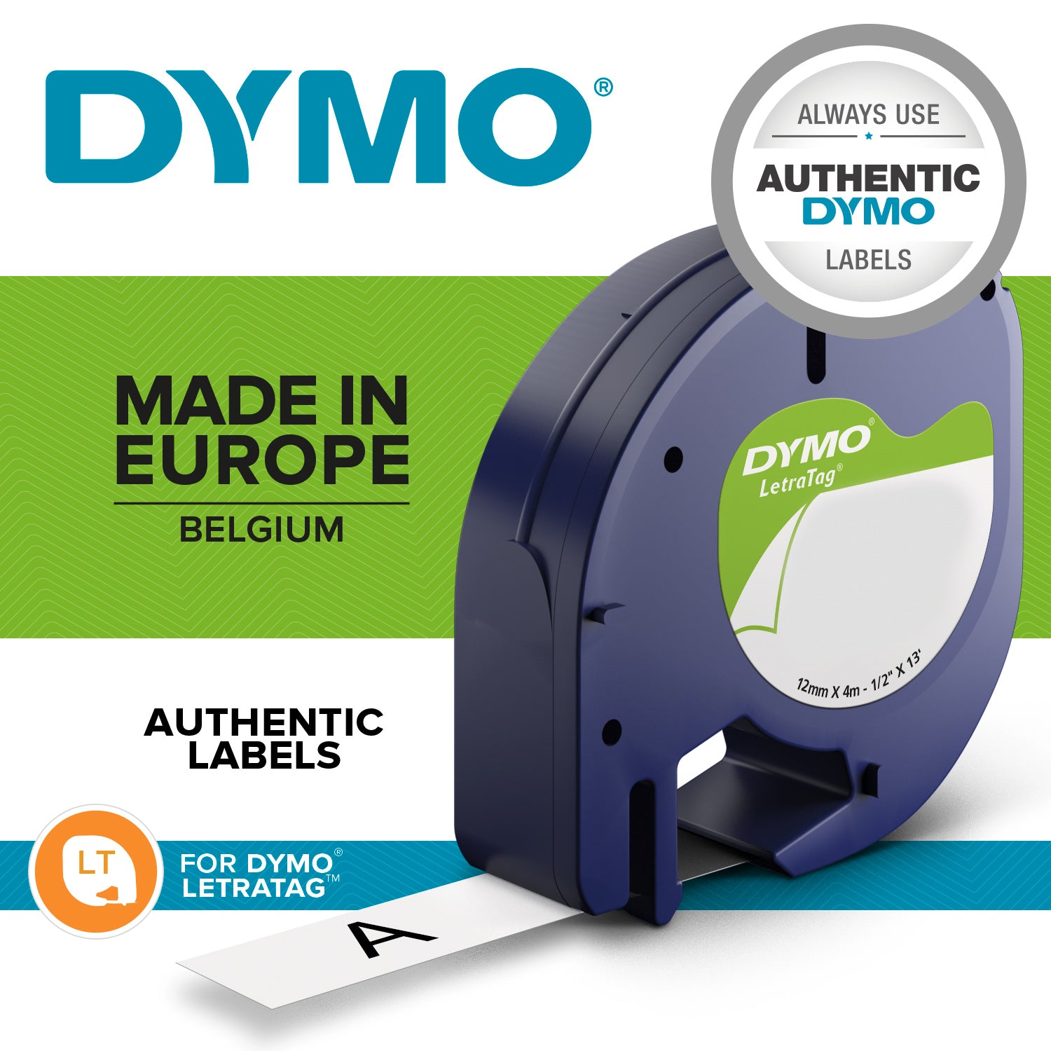 DYMO Textilband – 12 mm × 2 m, weiss, schwarz, LetraTag