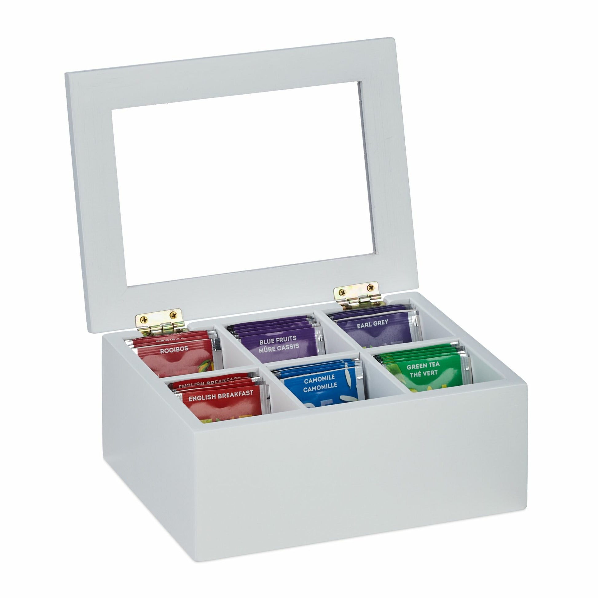 Relaxdays Teebeutelbox Bambus/Kunststoff, 6 Fächer, Weiss