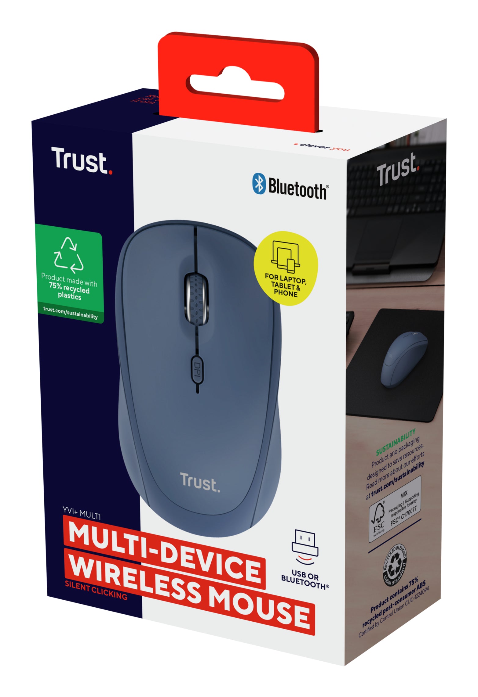 Trust Yvi+ multi Device – Maus – Kabellos (Bluetooth/2,4 GHz), 1600 DPI, beidhändig, Blau