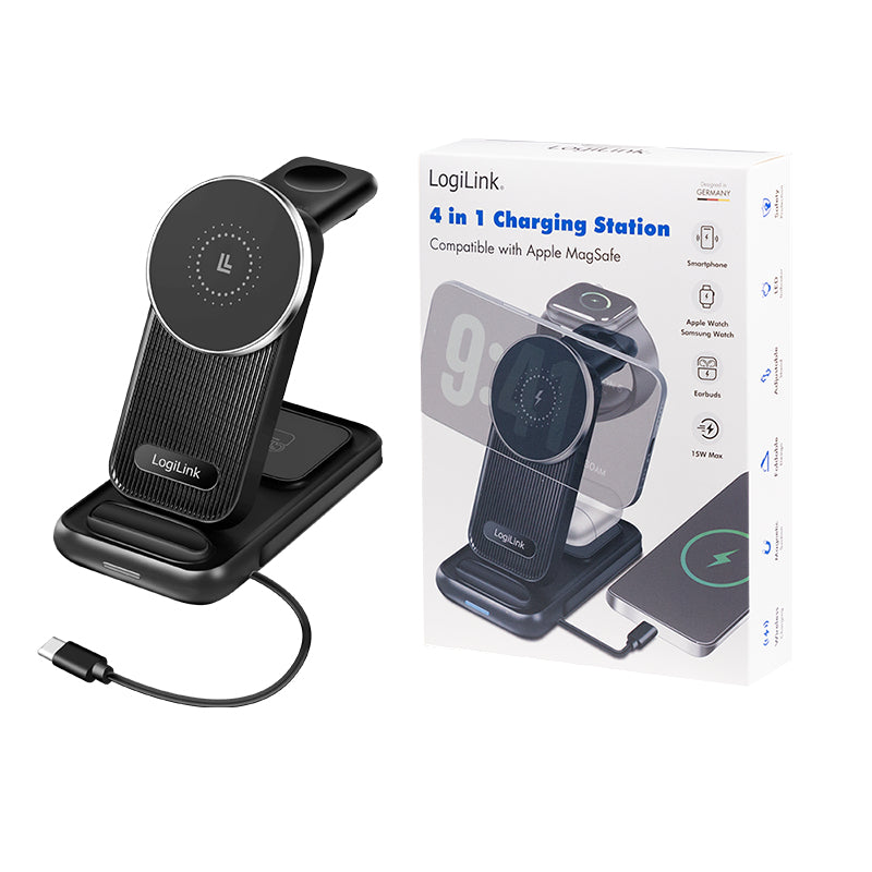 LogiLink PA0292 4-in-1 Ladeständer – MagSafe-kompatibel – 20,5 W – für iPhone/Apple Watch/AirPods – Schwarz