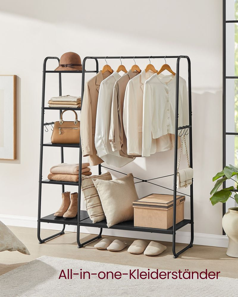 Vasagle Garderobenständer – 6 Haken, Stahl/Spanplatte, Schwarz, 120 × 45 × 160 cm