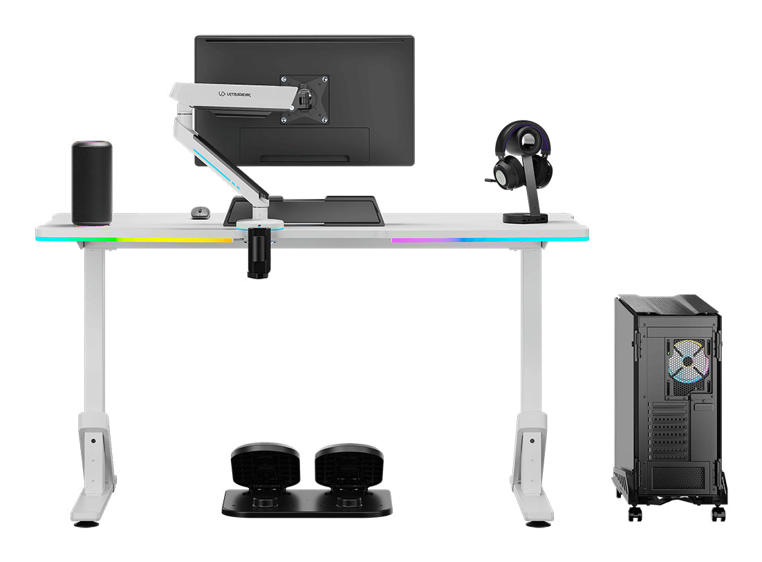 Ultradesk Iron Gaming-Tisch – 132,5 × 60,5 cm, höhenverstellbar, RGB-Beleuchtung, weiss, Stahl