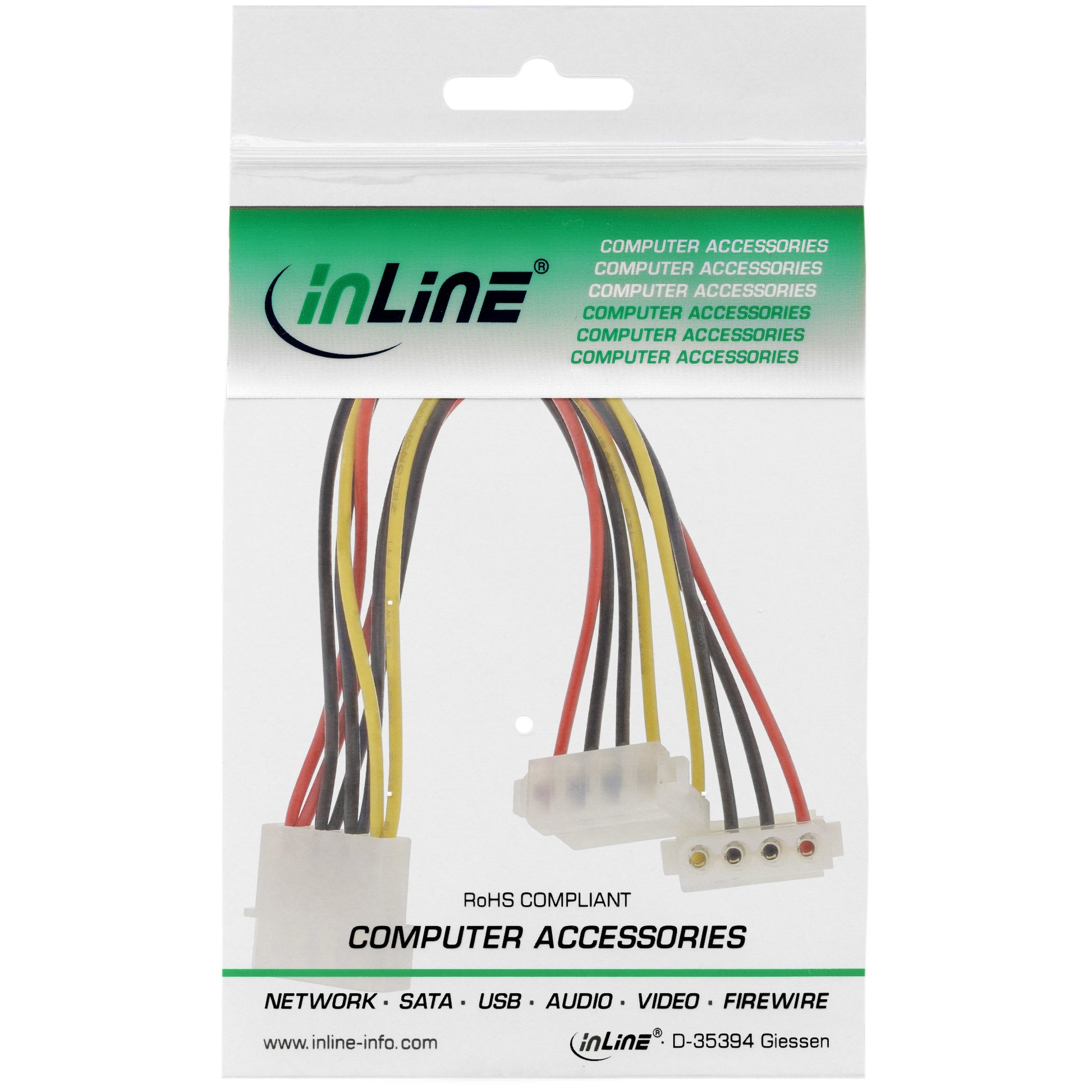 InLine Y-Kabel Stromkabel – Molex (4-polig, männlich) – 2× Molex (4-polig, weiblich, gewinkelt), 0,15 m, mehrfarbig