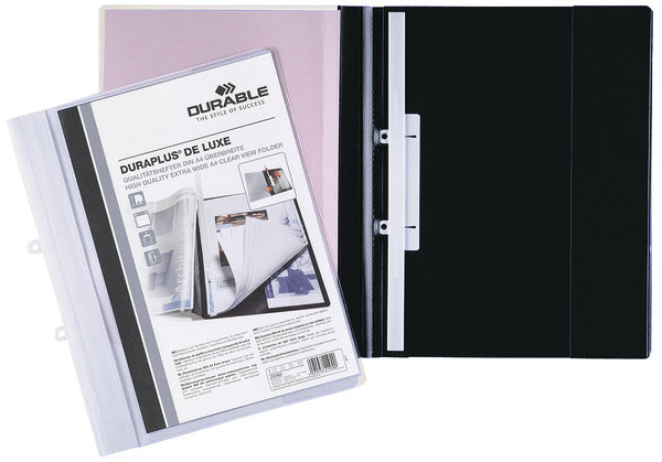 Durable DURAPLUS DE LUXE Schnellhefter für A4, Kunststoff, Schwarz – Transparenter Vorderdeckel – Bis 200 Blätter