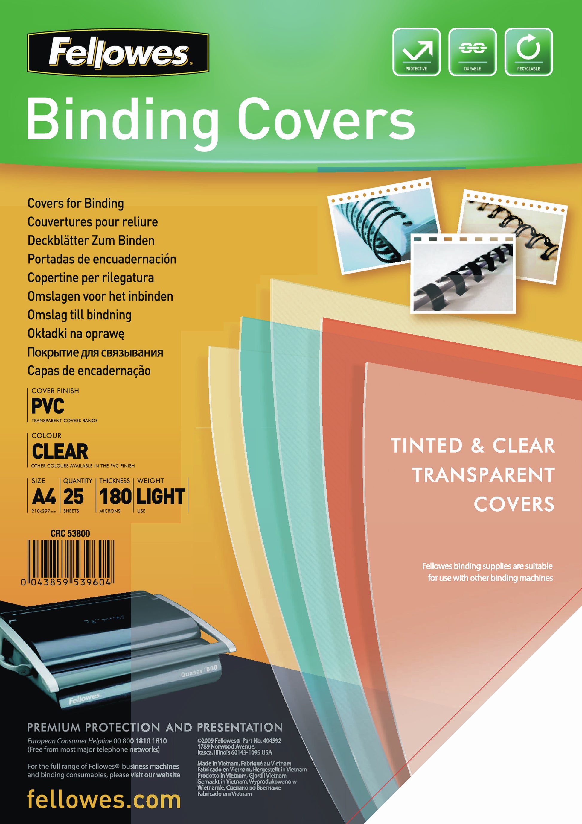 Fellowes Einbandfolie – A4 – 180 µm, glänzend, PVC, transparent – 25 Stk.