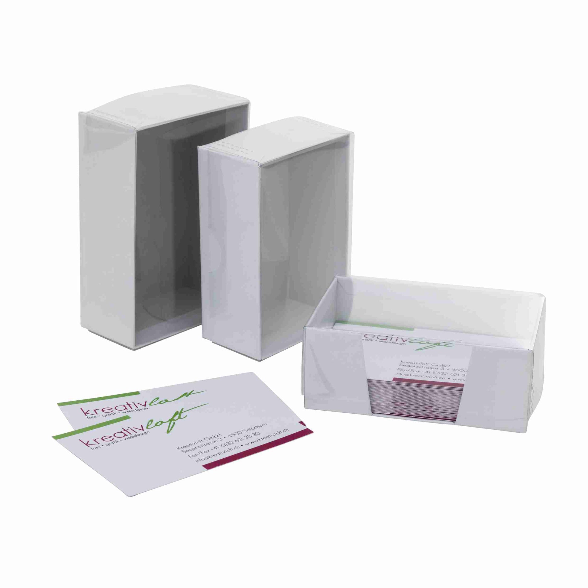 Model Visitenkartenhalter – Karton, weiss, transparenter Deckel, 87 × 56 × 35 mm – 1 Stk., ab 350 Stk.