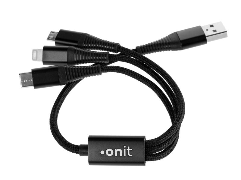 ONIT Multi-Kabel – 3-in-1 USB-A auf USB-C/Micro-USB/Lightning 0,2 m, PD 12 W, geflochten – für iPhone/Android